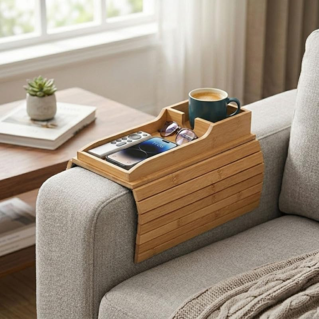 Bamboo Sofa Armrest Tray with Detachable Cup Holder