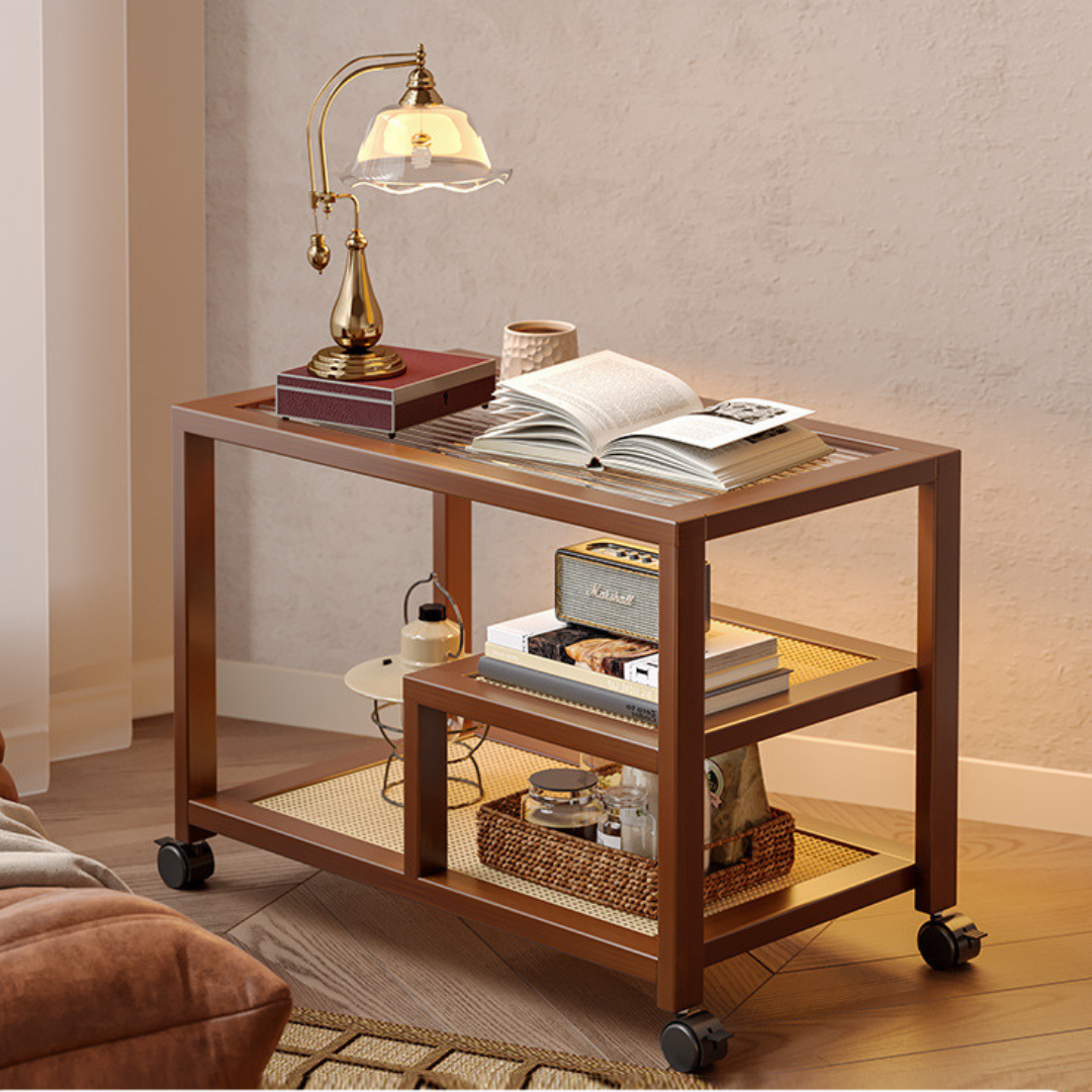 Premium Bamboo Rattan Rolling Side Table with Storage Shelves
