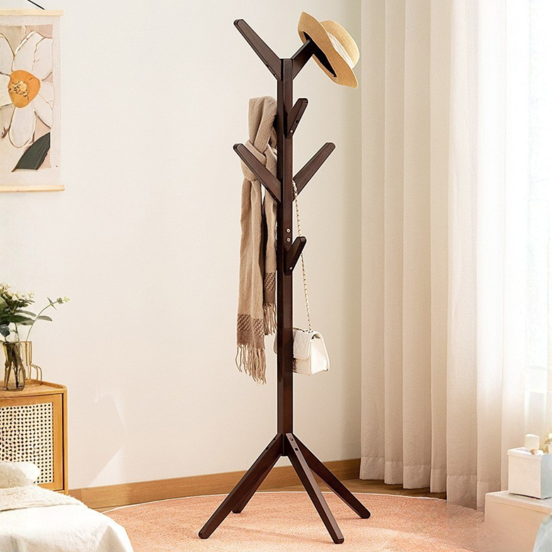 Bamboo Wooden Tree Coat Rack Stand with 8 Hooks