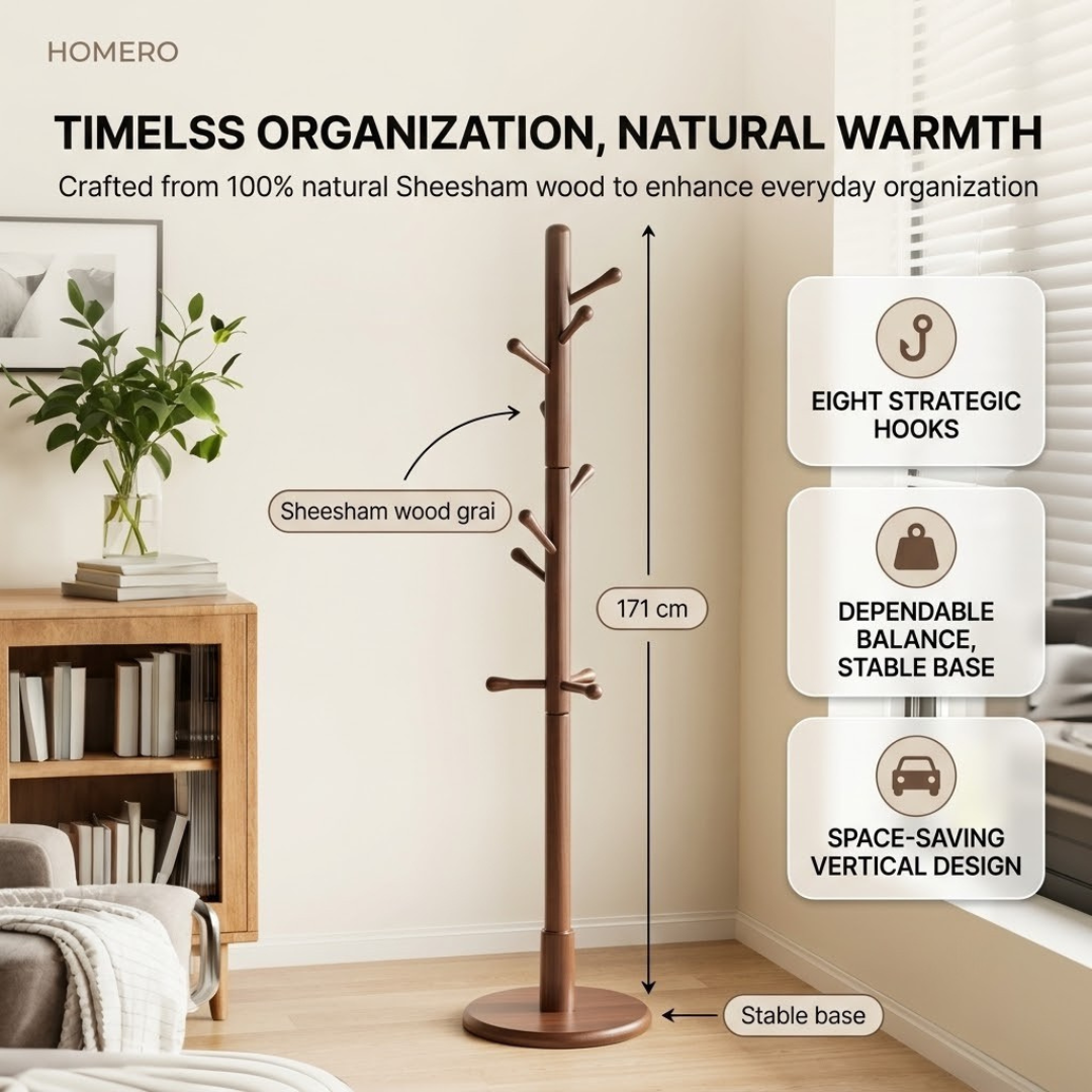 Natural Sheesham Wood Freestanding Coat Rack with Eight Hooks