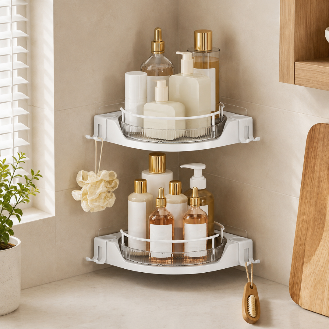 360° Rotating Corner Shower Caddy Space Saving Bathroom Organizer