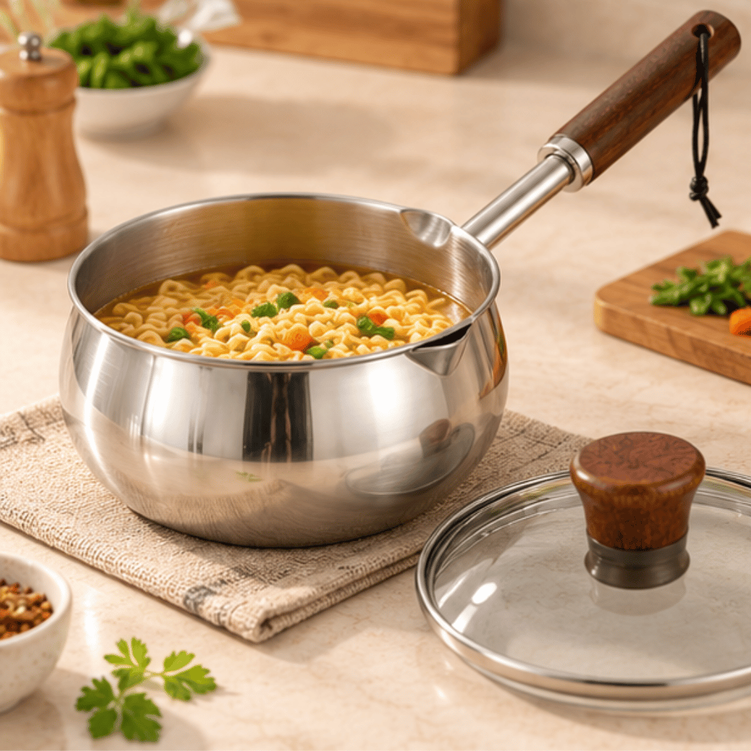 Premium Stainless Steel Small Milk Saucepan with Wooden Handle Glass Lid