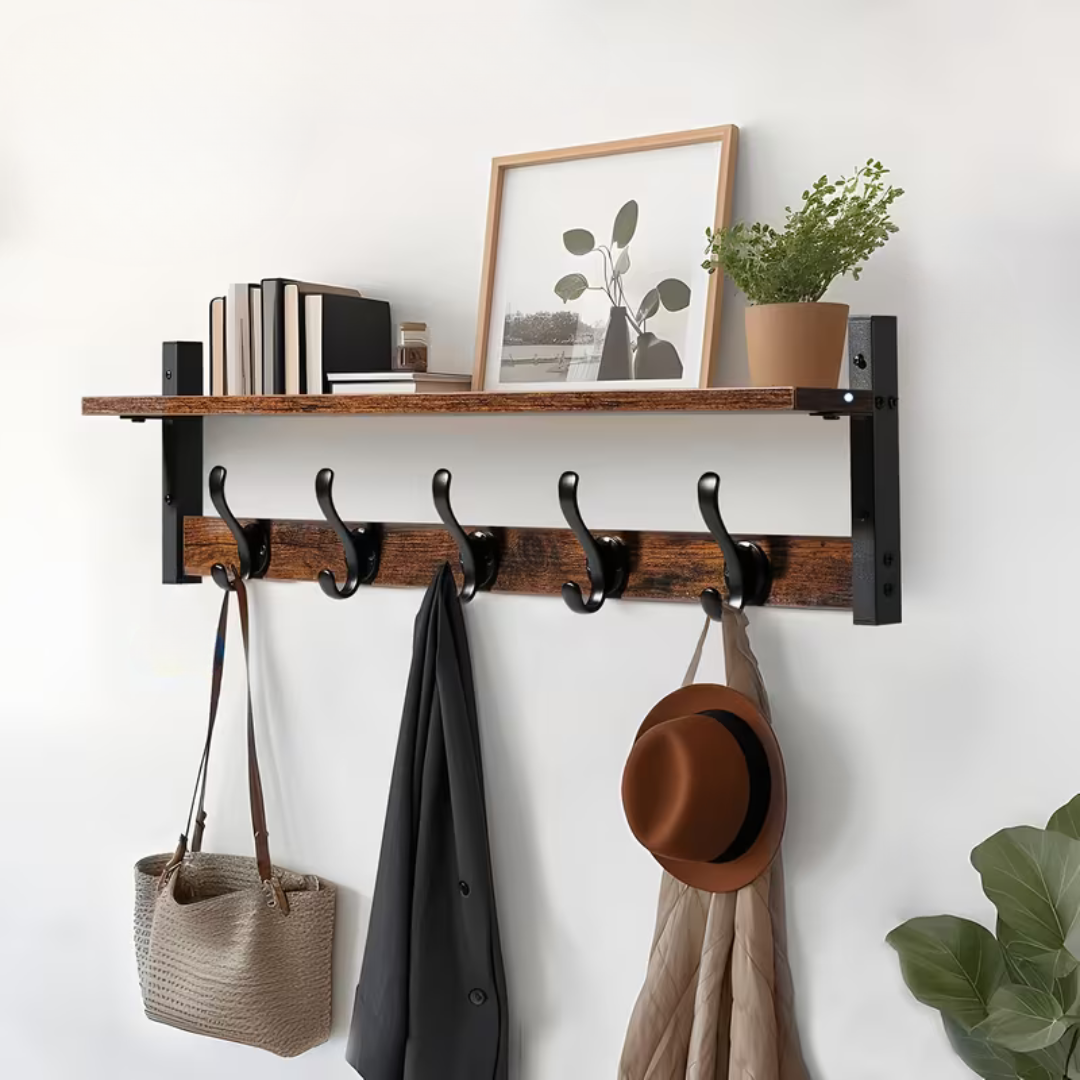 Multipurpose Wooden Wall Hanging Shelf with 5 Strong Metal Hooks