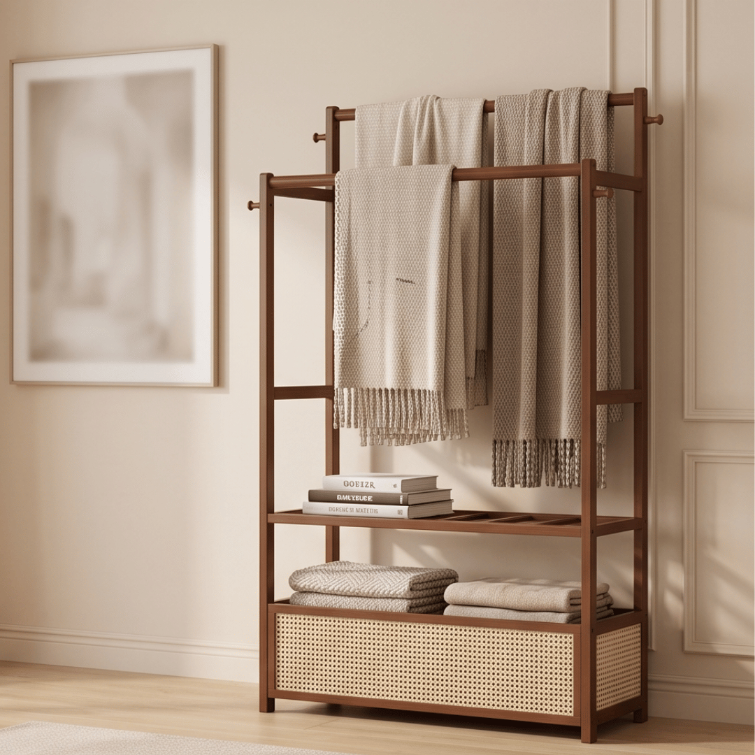 Multifunctional Bamboo Garment Rack with Double Hanging Rods & Rattan Cabinet Storage Shelf