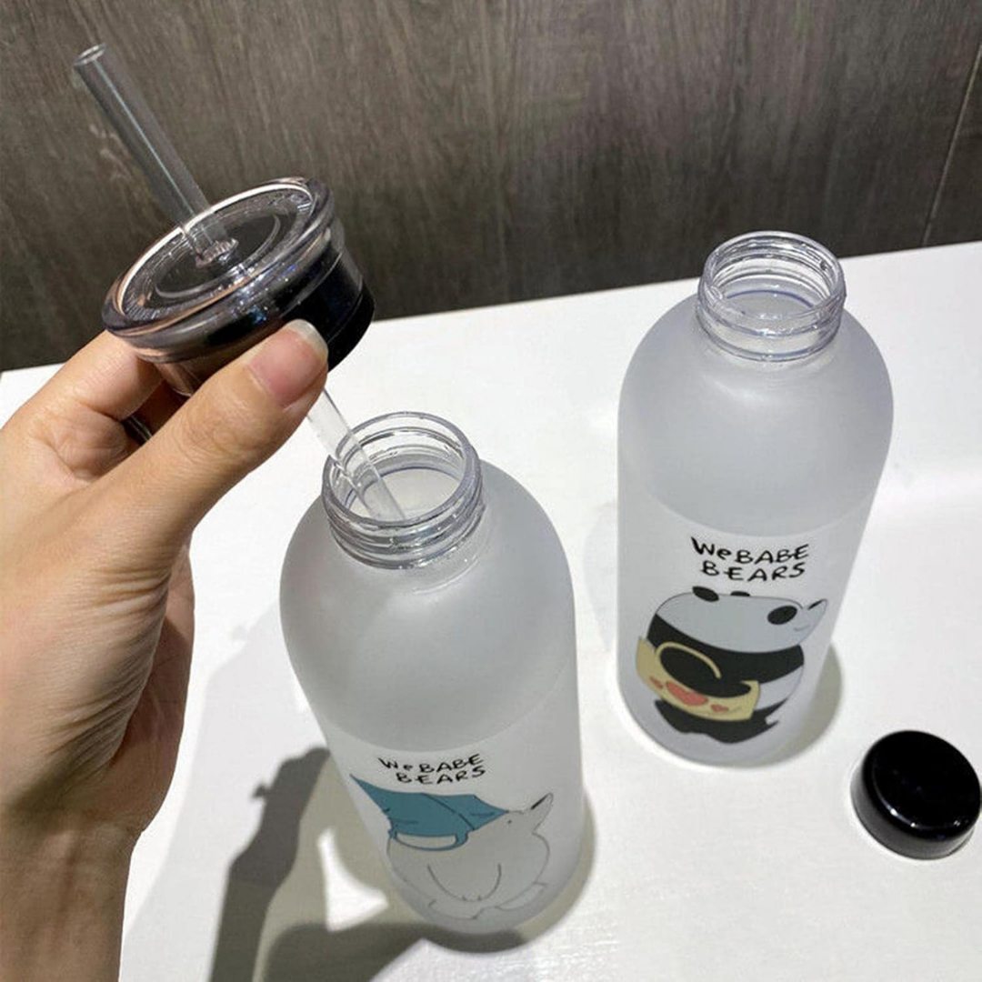 HOMERO Cute Bear Straw Sports Water Bottle – Portable Frosted 1000ml Capacity