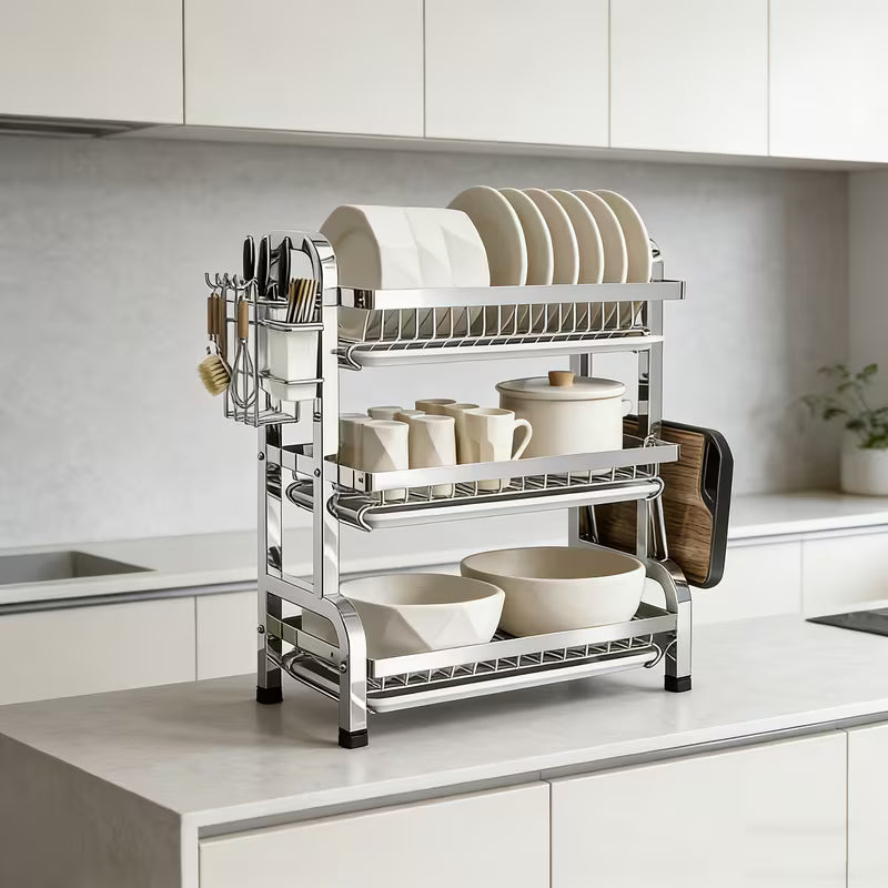 3 Layer Stainless Steel Dish Drying Rack Organizer with Removable Water Tray