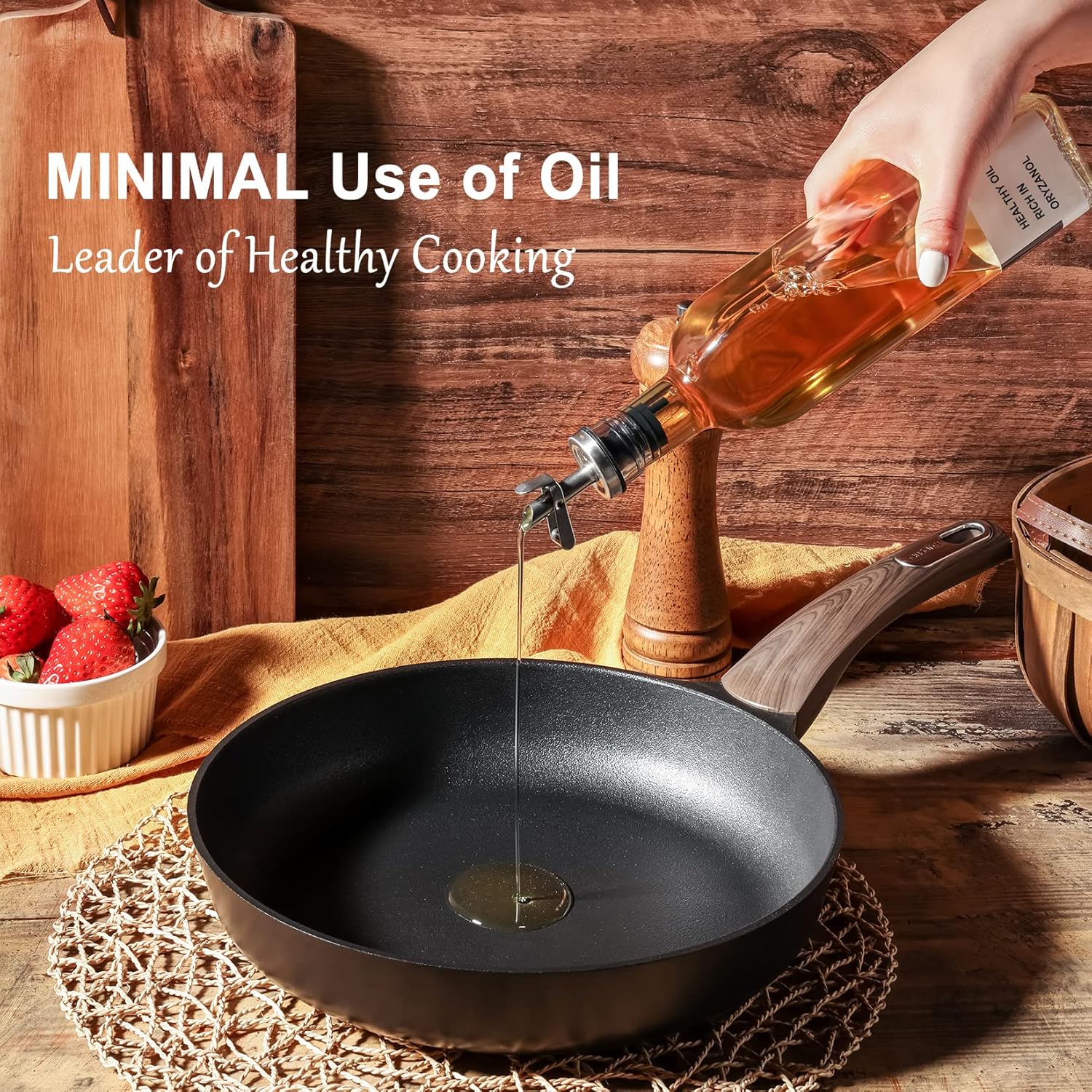 Multipurpose Non-Stick Frying Pan with Woodgrain Handle