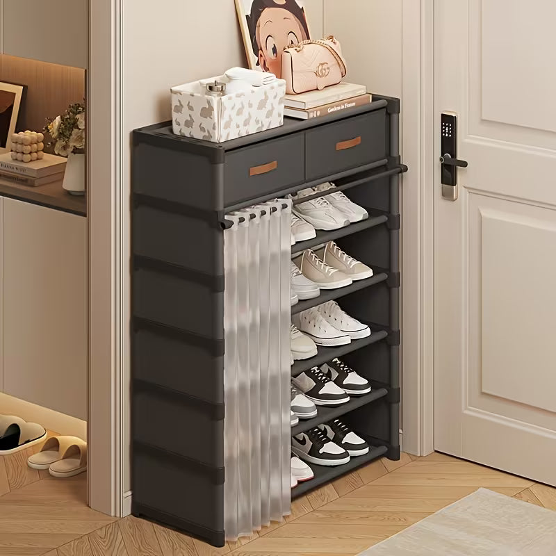 Multi Layer Shoe Organizer with Double Drawers and Sliding Curtain