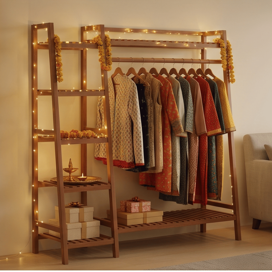Multi-Functional Bamboo Ladder Open Wardrobe Garment Rack with Clothes Rail