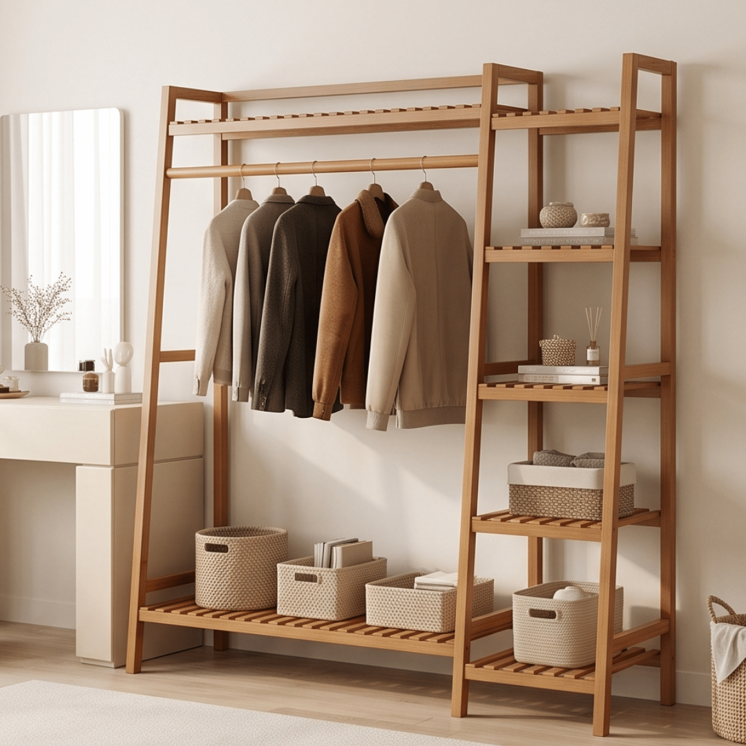 Multi-Functional Bamboo Ladder Open Wardrobe Garment Rack with Clothes Rail