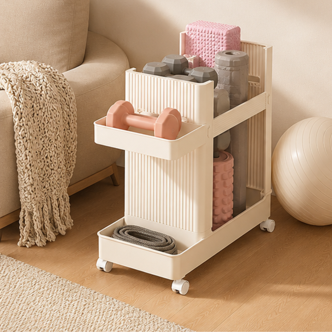 Multipurpose Yoga Mat and Fitness Equipment Storage Rack with Wheels