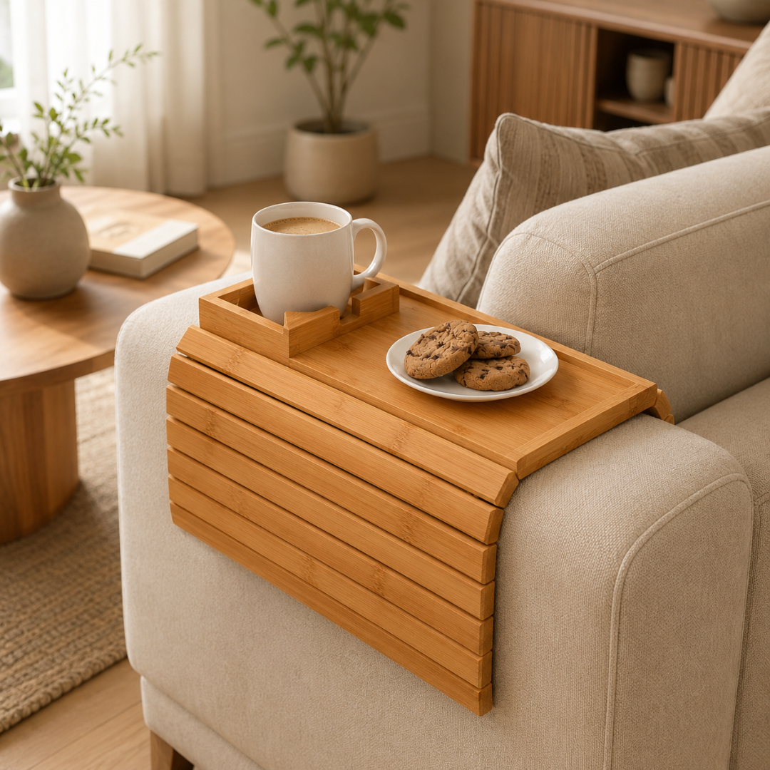 Bamboo Couch Armrest Tray Table with Cup Holder & Snack Organizer
