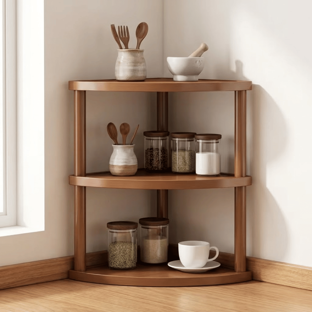 Wooden Corner Display Shelf Space Saving Tabletop Organizer