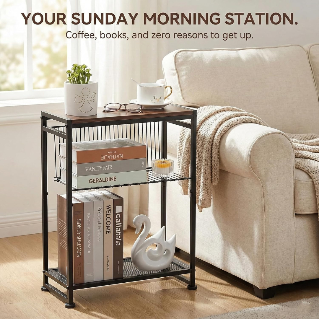 3-Tier Compact Bedside End Table with Magazine Holder and Metal Mesh Shelf