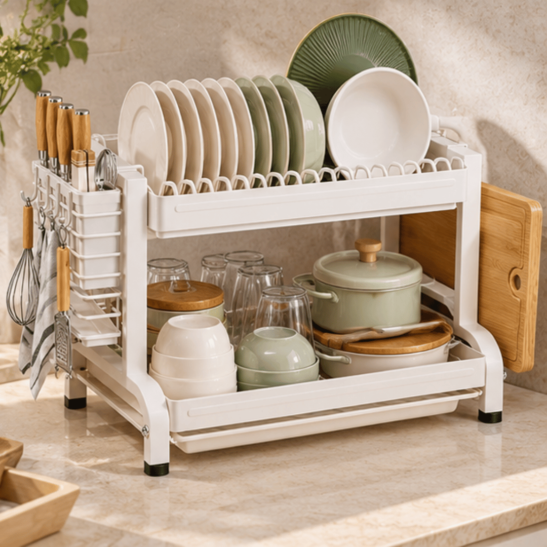 Premium Multi Layer Kitchen Dish Drying Rack with Cutting Board and Cutlery Storage
