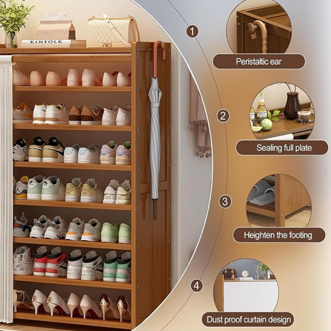 Multi Layer Bamboo Shoe Rack Cabinet with Dustproof Curtain