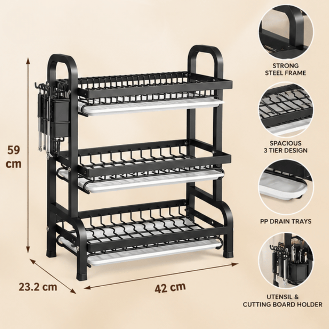 3 Tier Kitchen Dish Drying Rack with Drain Trays Cutlery Holder and Cutting Board Holder