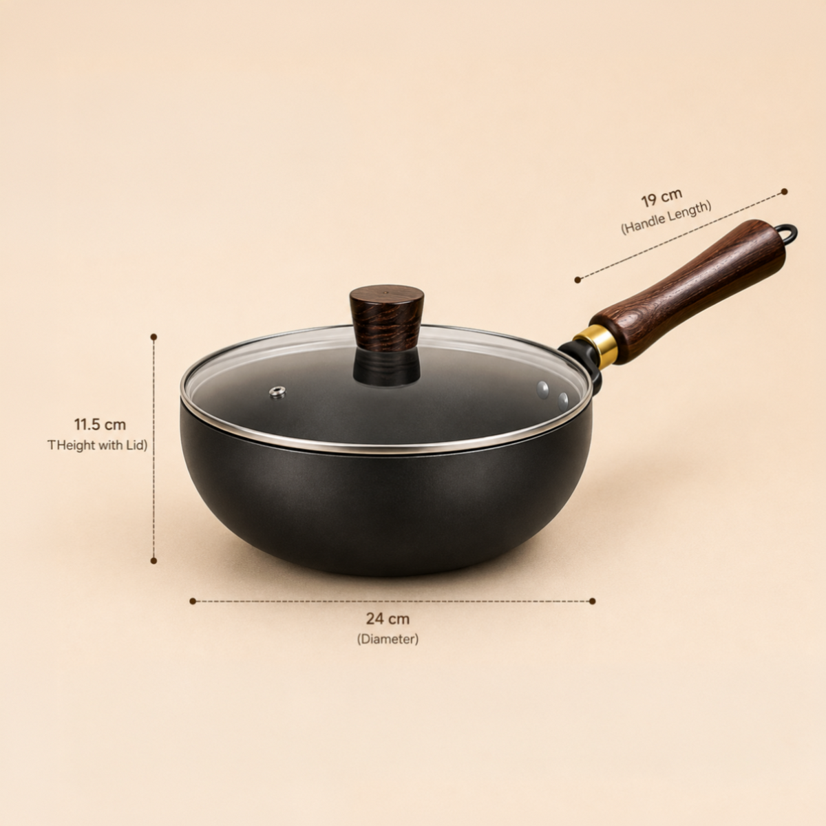 Homero Premium Iron Frying Wok Pan with Glass Lid - 24CM Black