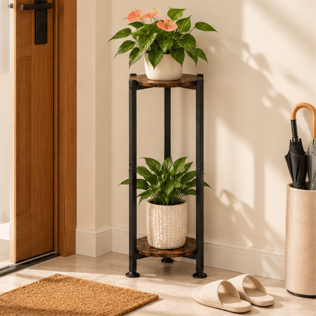 Two Tier Round Plant Stand with Oak Finish Shelves and Metal Frame