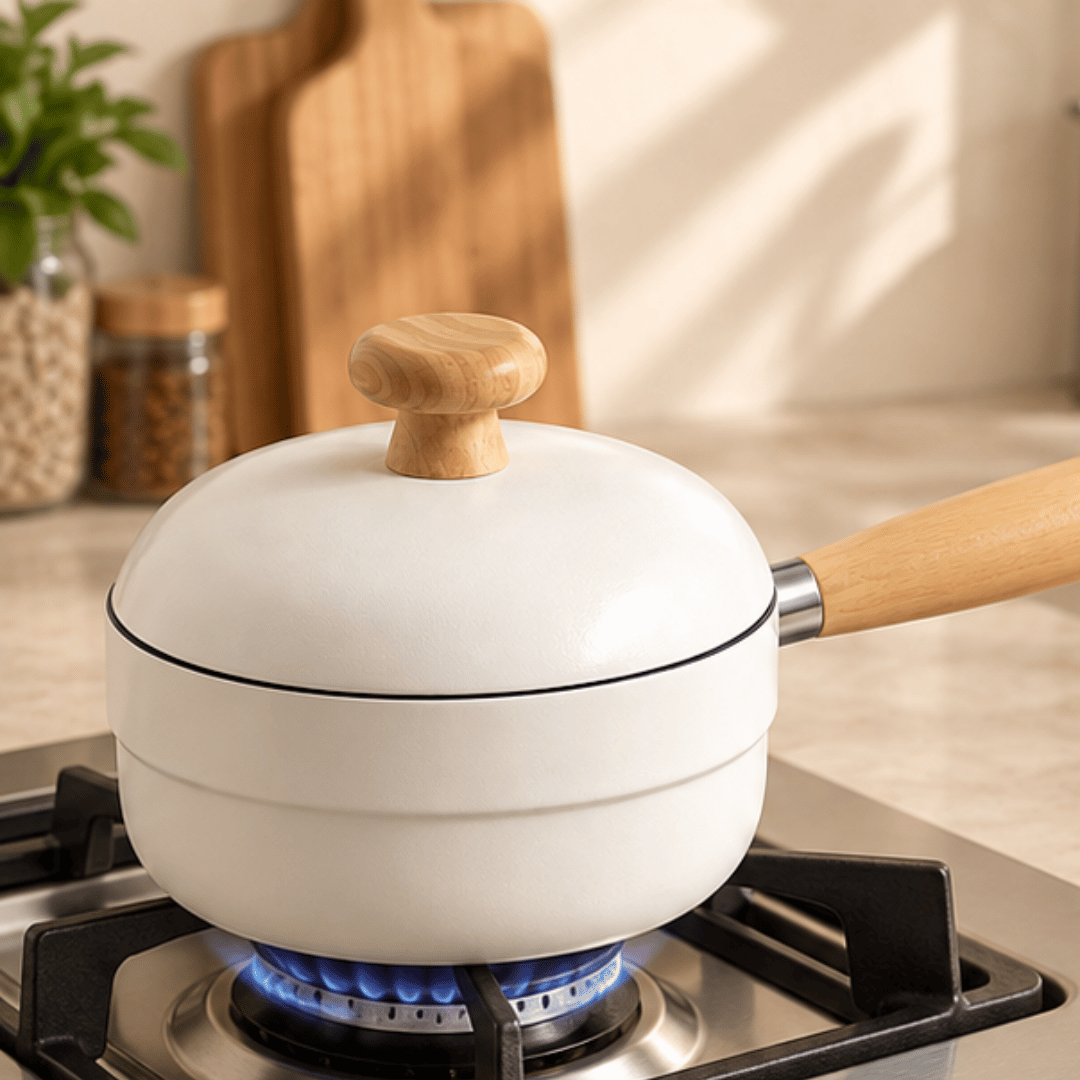 Premium White Enamel Milk Pot With Wooden Handle & Lid