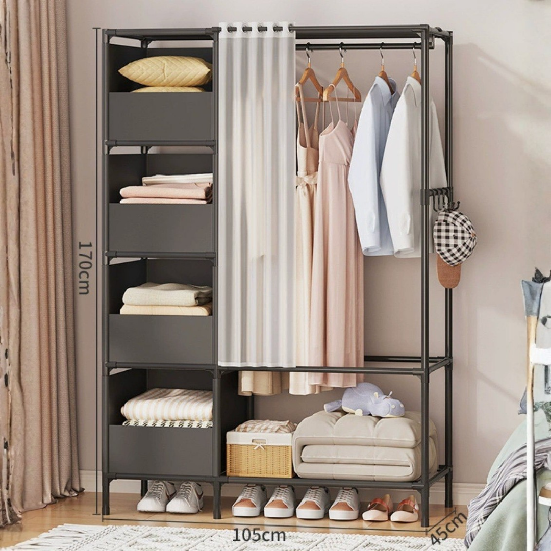 Portable Steel Wardrobe Closet with Curtain and Storage Shelves