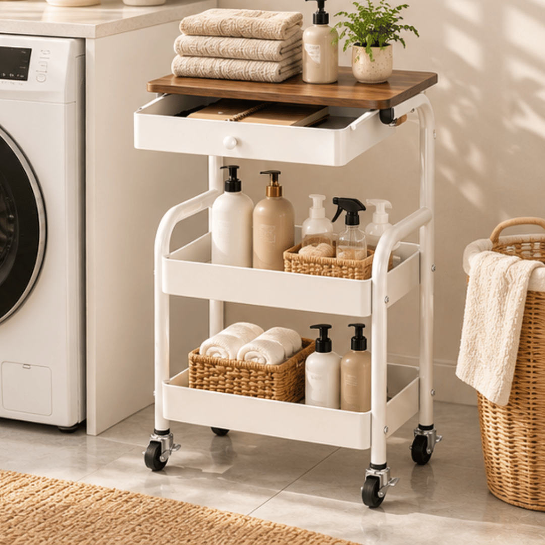 3-Tier Wooden Top Rolling Storage Trolley with Drawer and Wheels