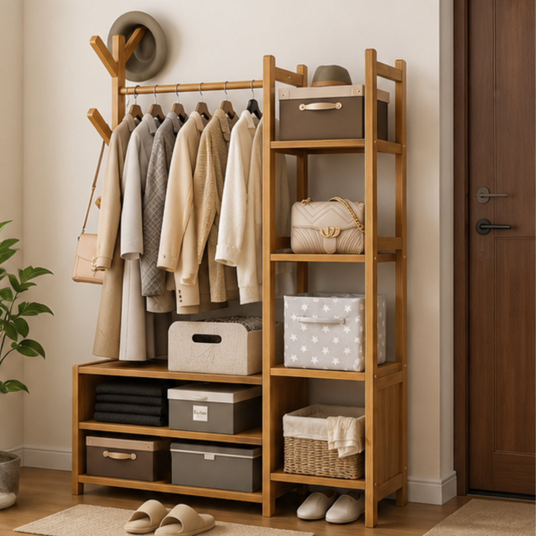 Multi Storage Bamboo Clothes Rack Open Wardrobe with Hanging Rail Shelves