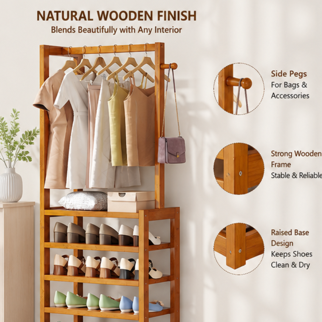 Multifunctional Bamboo Shoe Rack with Hanging Rail Side Hooks and Storage Shelves