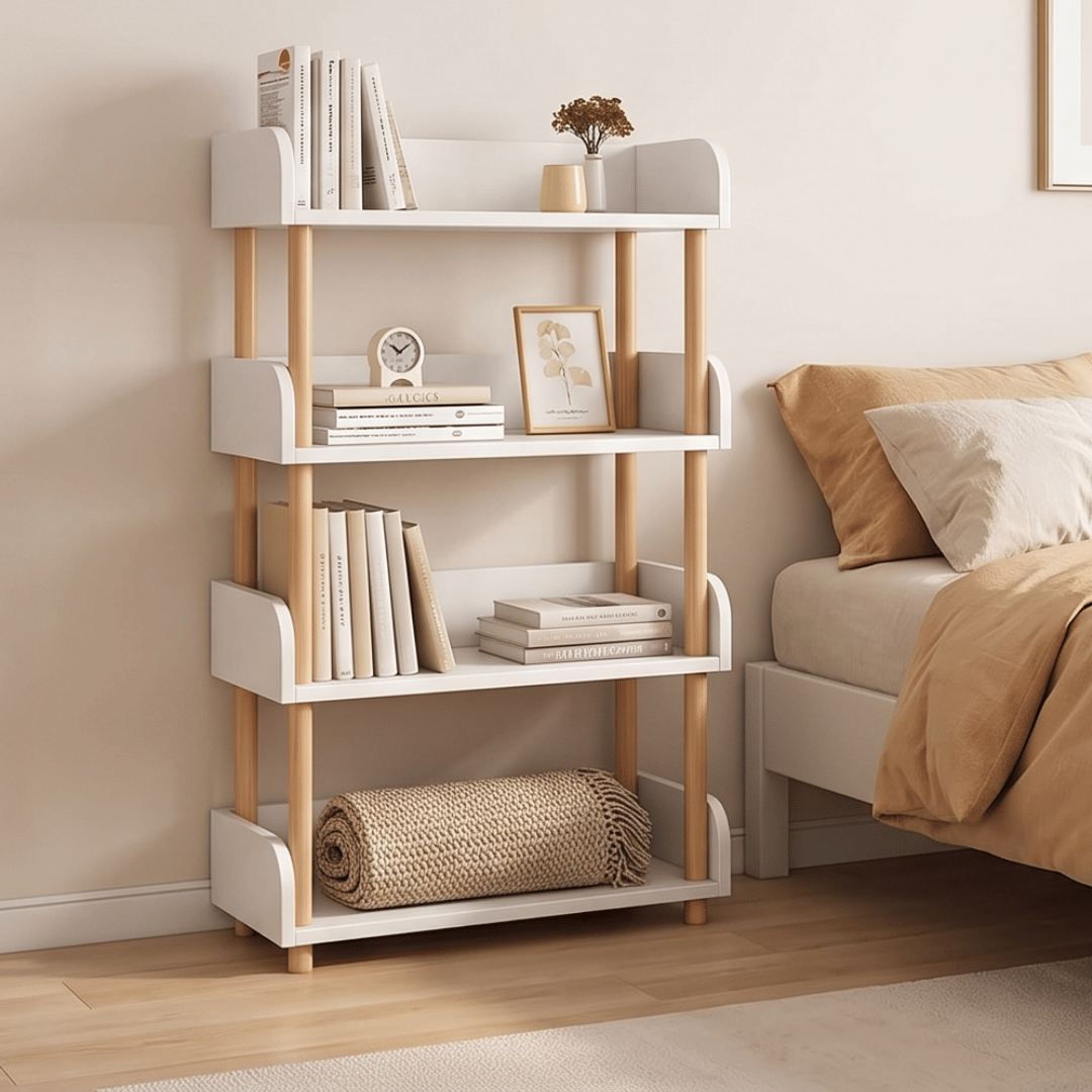 Elegant Floor Standing Display Shelf with Upright Storage and Beech Wood Legs