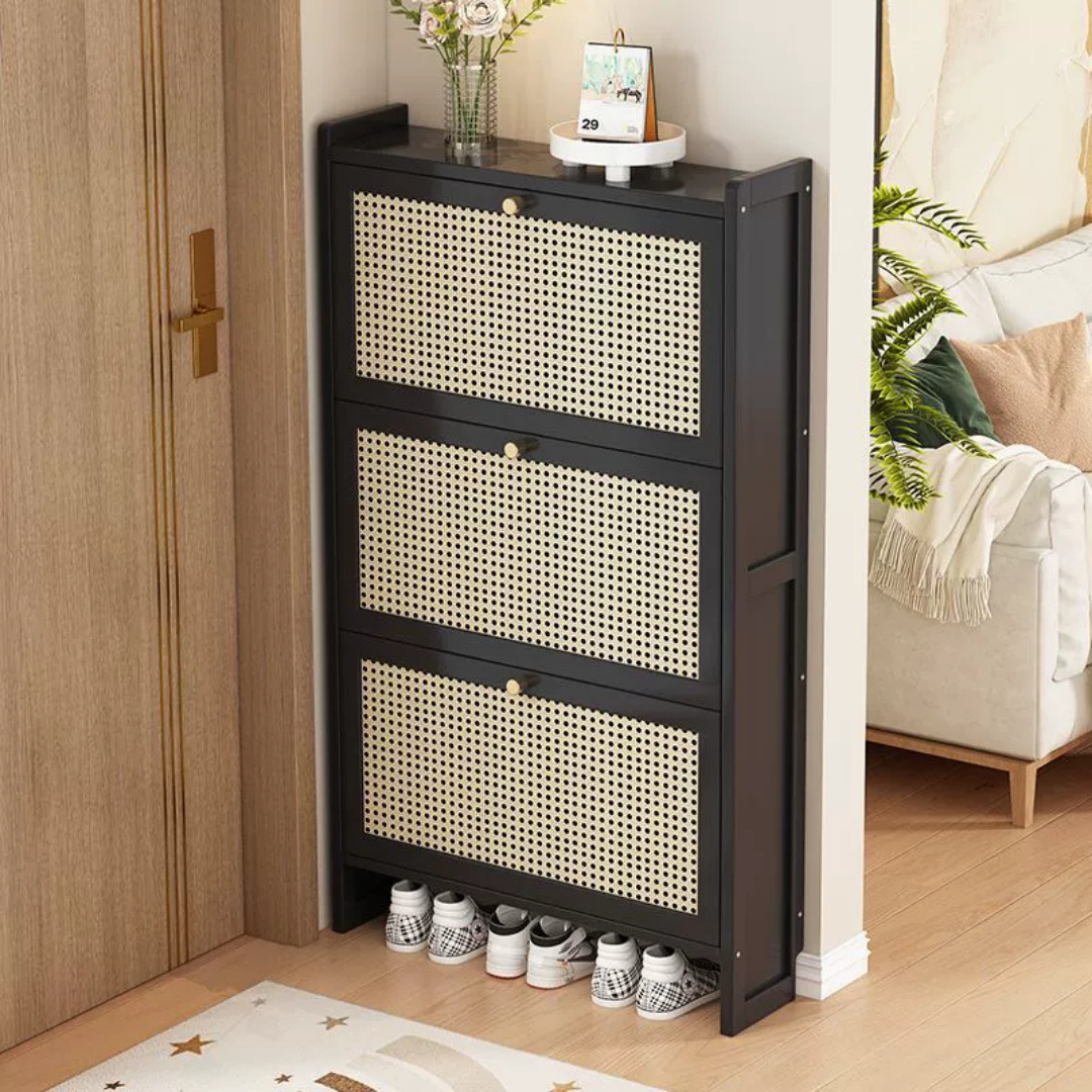 HOMERO Rattan Style Wooden Shoe Slim Space Saving Cabinet
