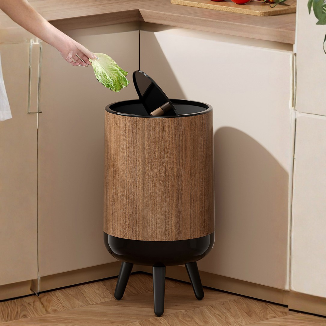 Nordic Style Wooden Grain Elevated Trash Can - 15L Capacity