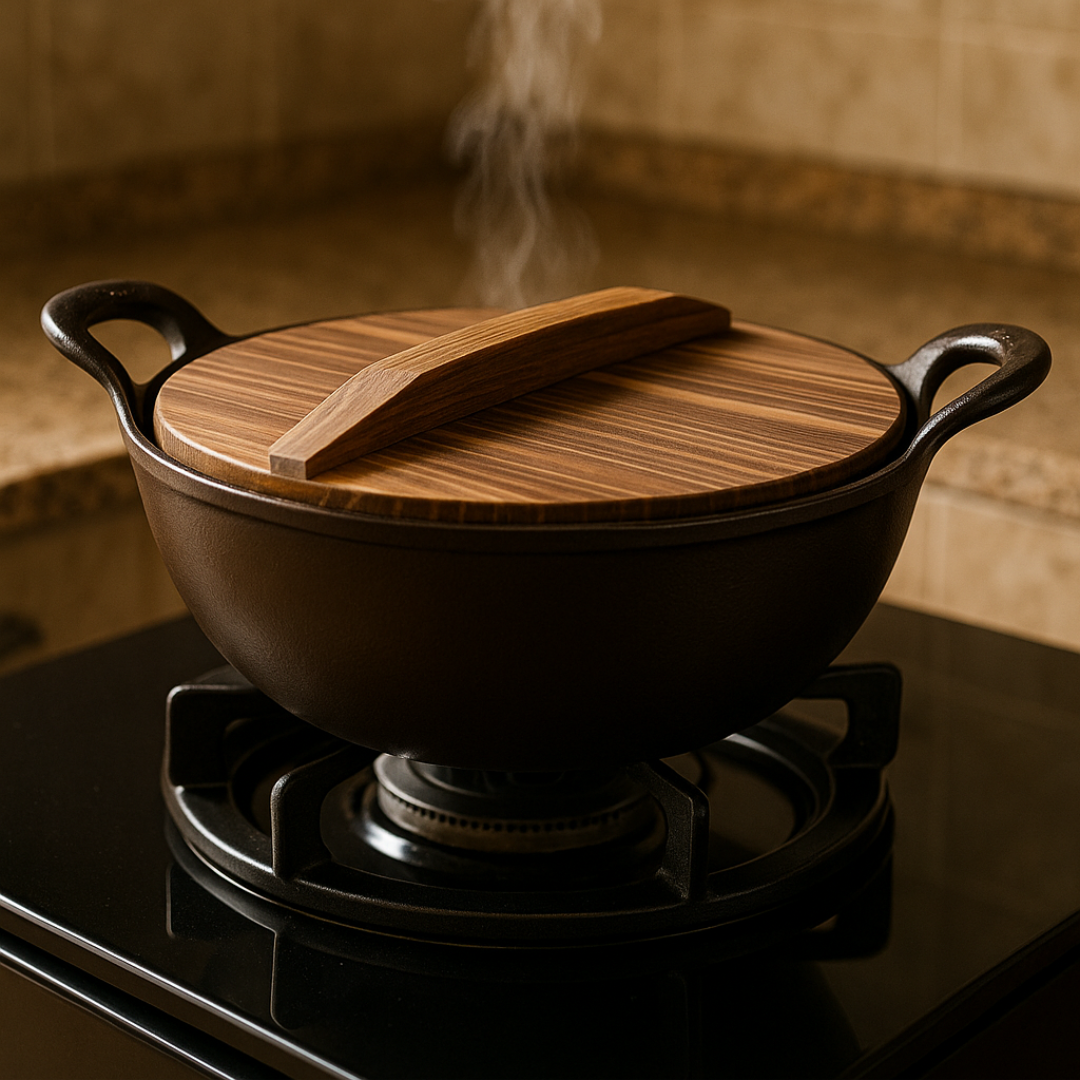 HOMERO Cast Iron Non Stick Kadai with Wooden Lid - 24cm Cooking Size