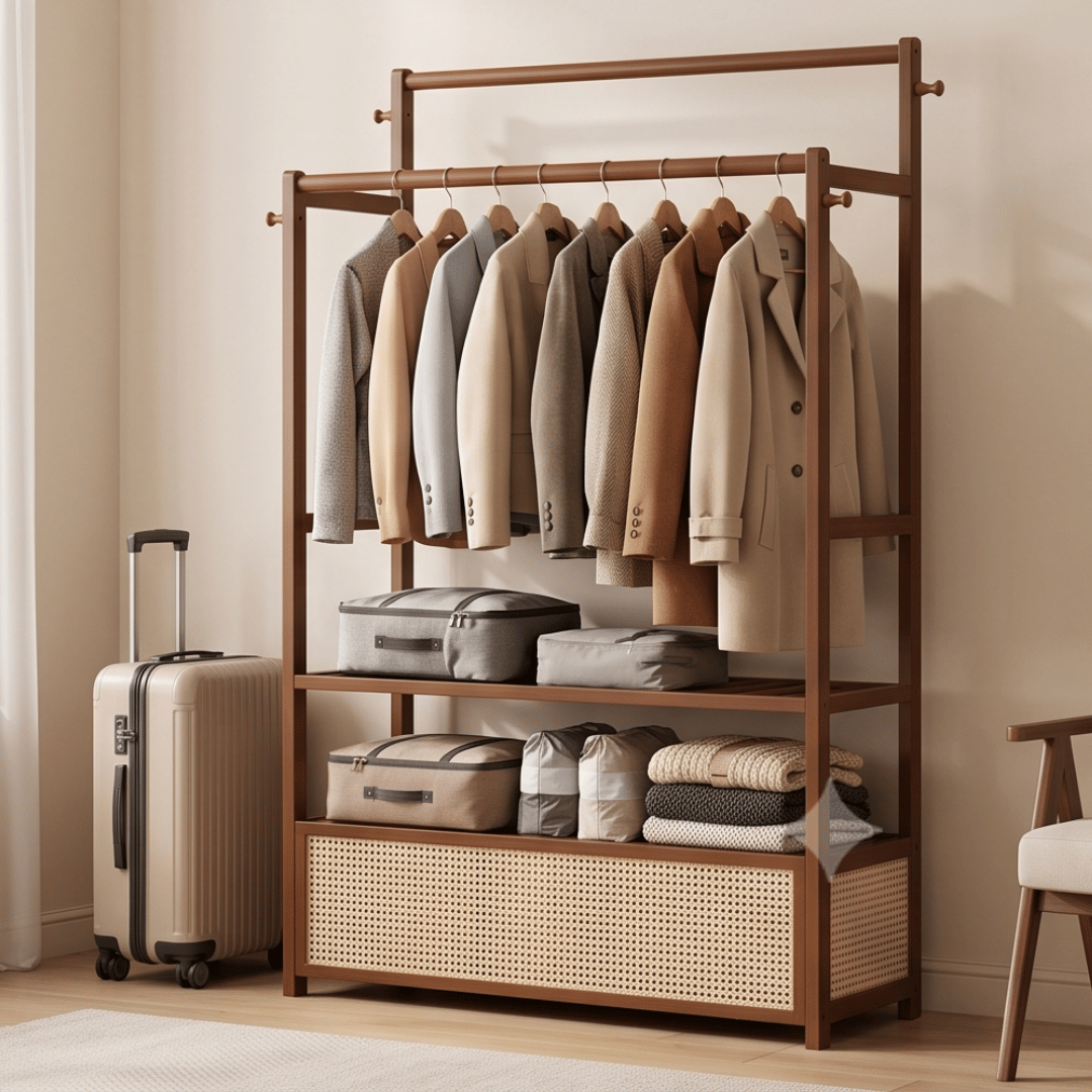 Multifunctional Bamboo Garment Rack with Double Hanging Rods & Rattan Cabinet Storage Shelf