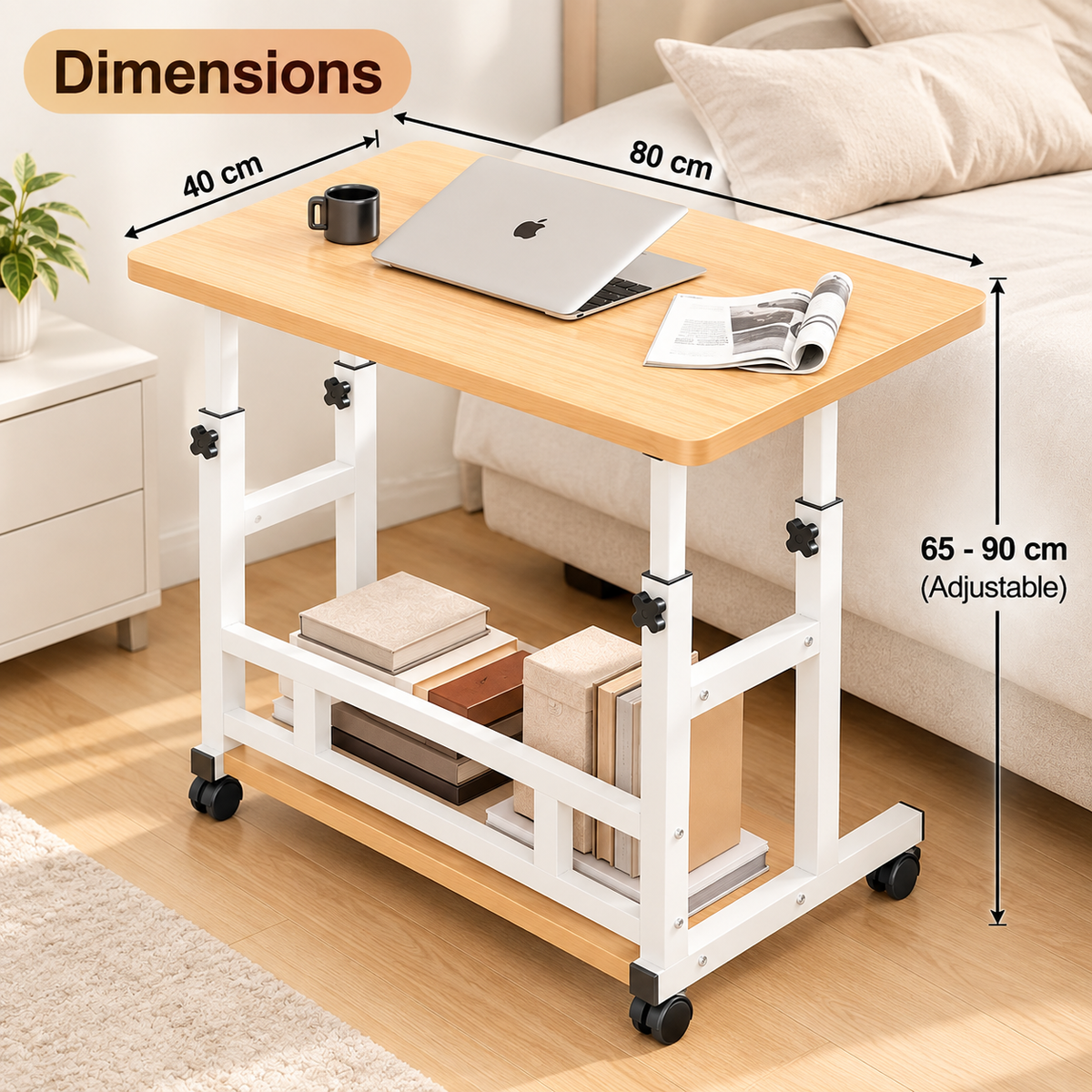 Height Adjustable Rolling Laptop Desk with Storage Shelves