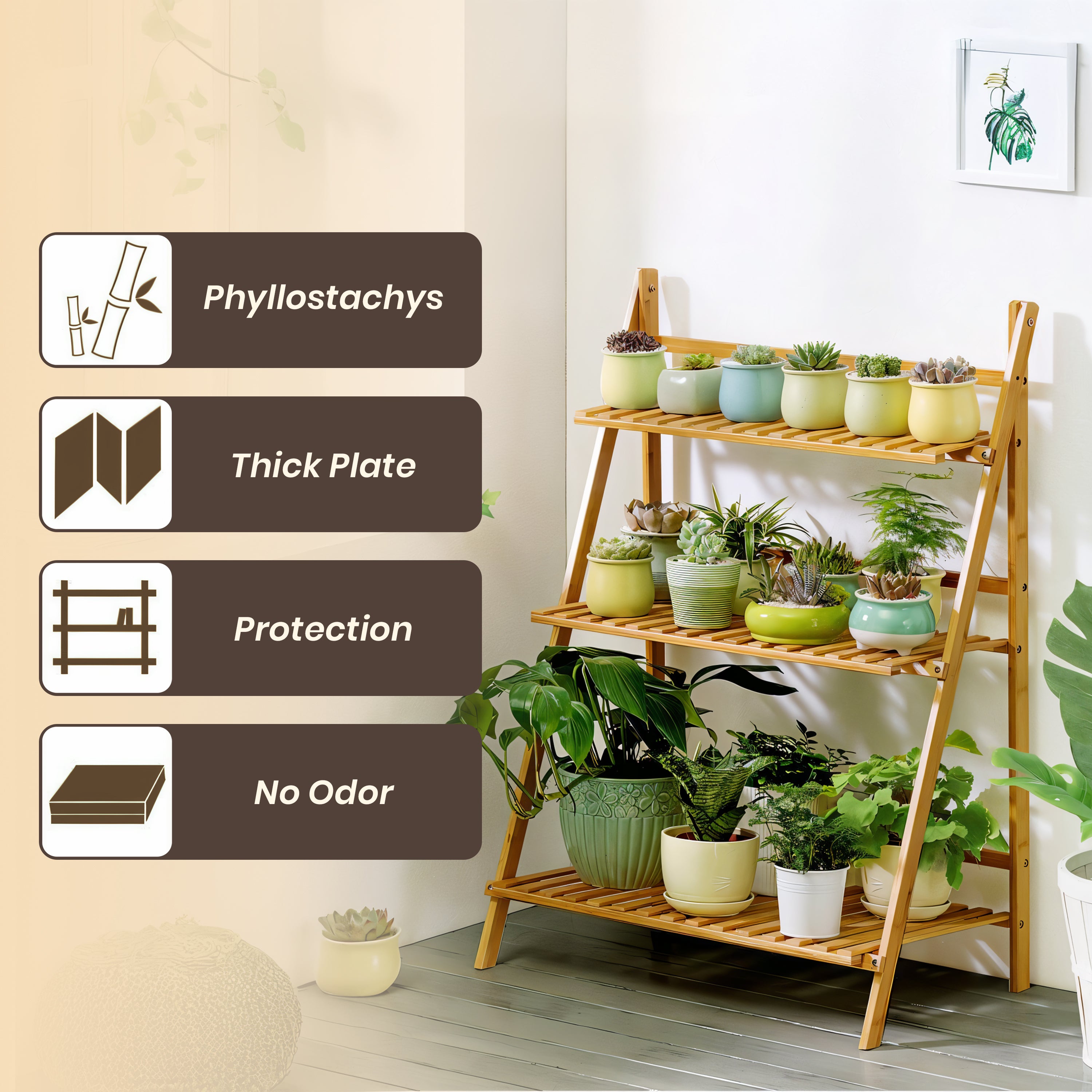 Homero 3 Tier Bamboo Folding Ladder Plant Stand Wide Display Rack - 70x40x96 cm