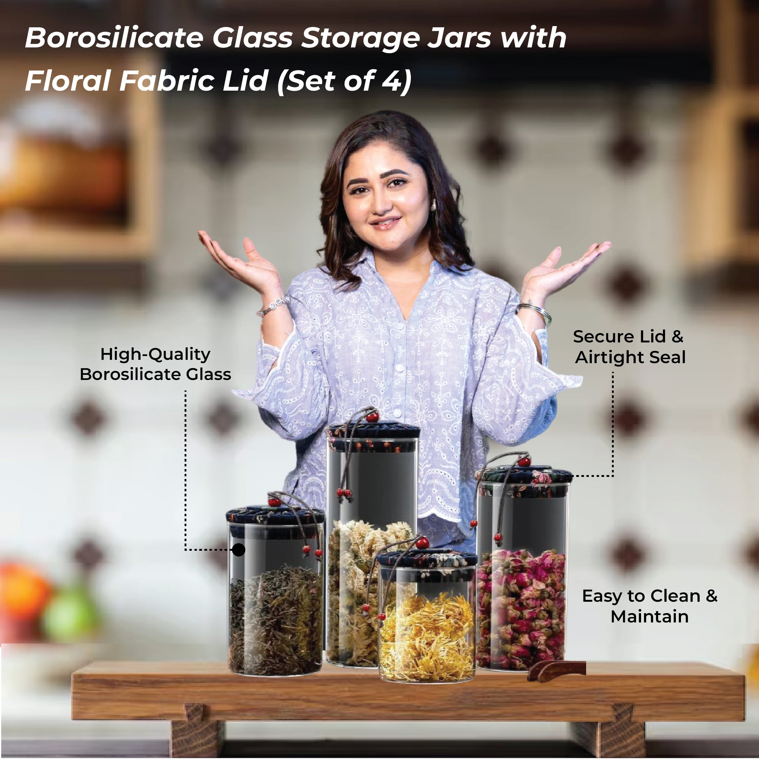 Borosilicate Glass Storage Jars with Floral Fabric Lid (Set of 4)
