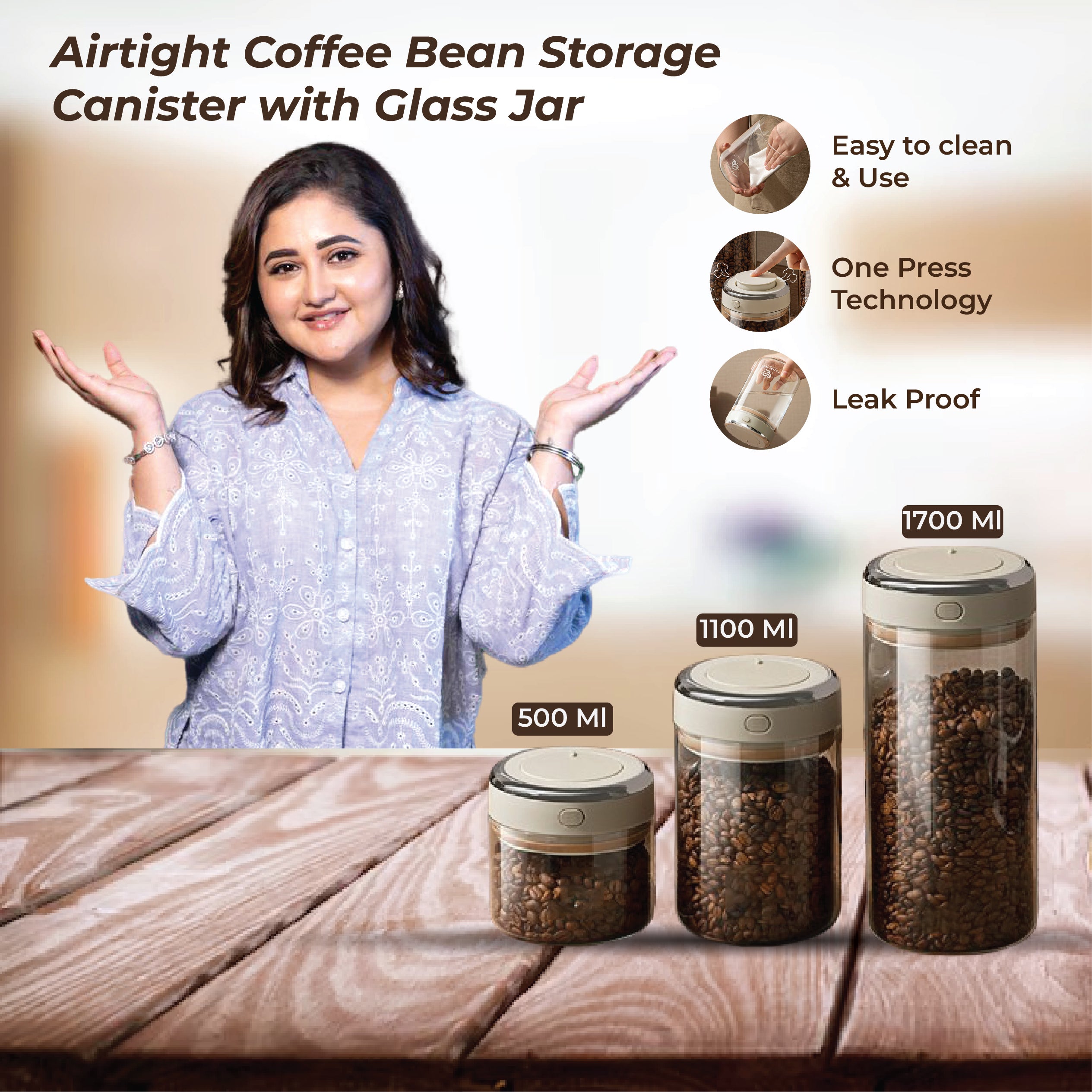 Airtight Coffee Bean Storage Canister with Glass Jar