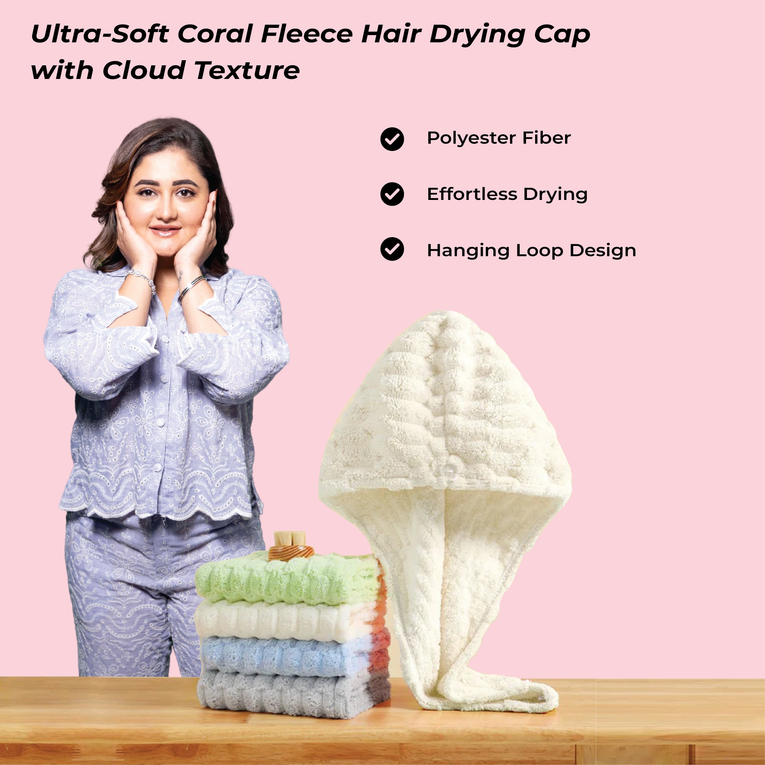 Homero Ultra-Soft Coral Fleece Hair Drying Cap with Cloud Texture
