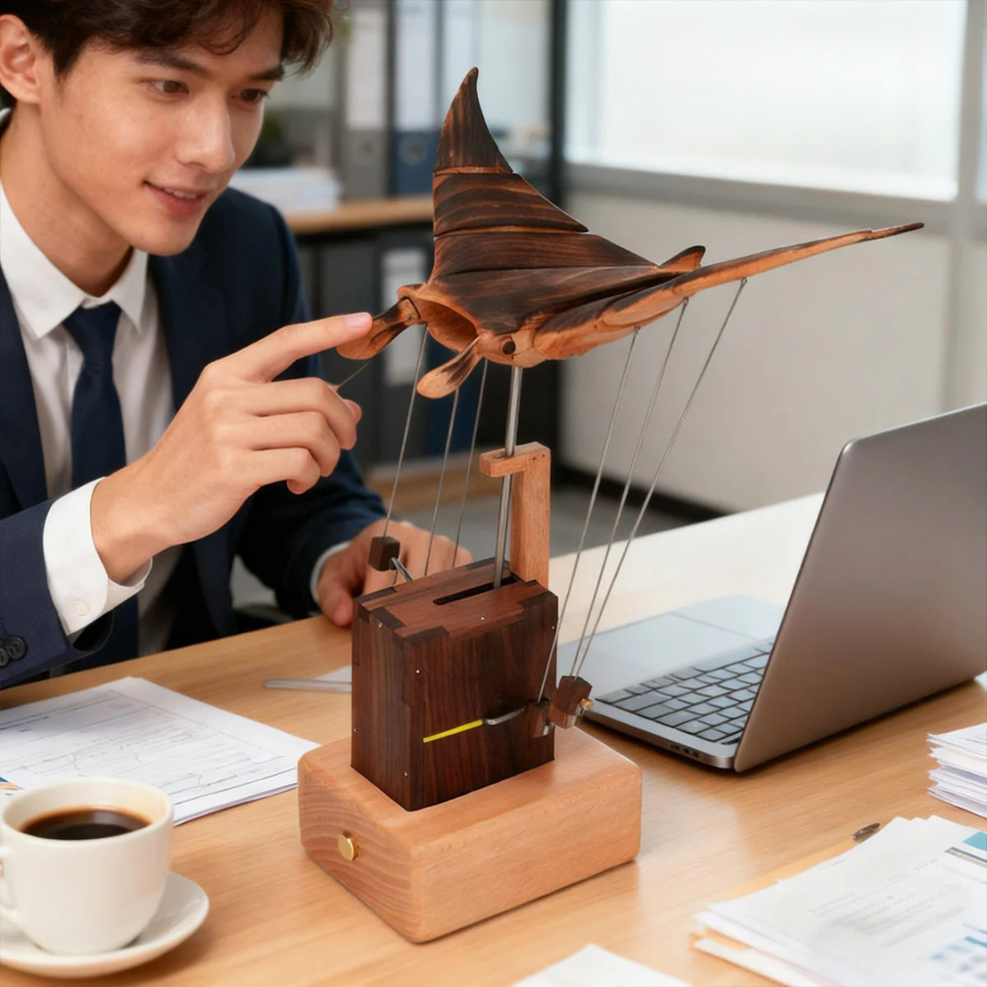 HOMERO Handcrafted Wooden Manta Ray Automaton Kinetic Art Sculpture