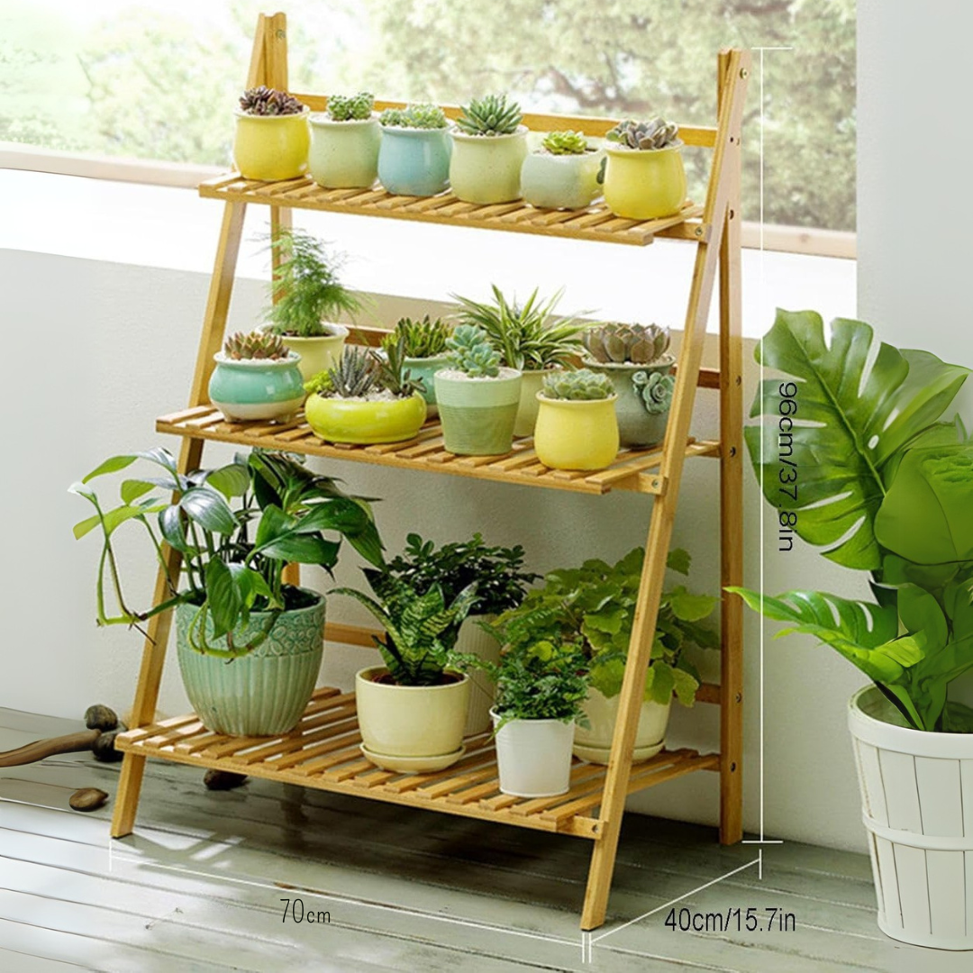 Homero 3 Tier Bamboo Folding Ladder Plant Stand Wide Display Rack - 70x40x96 cm