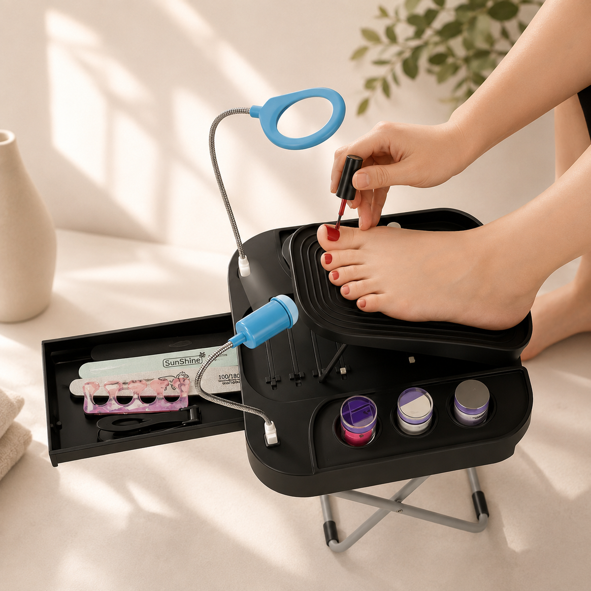Portable Pedicure Foot Rest Stool with Fan & LED Magnifier