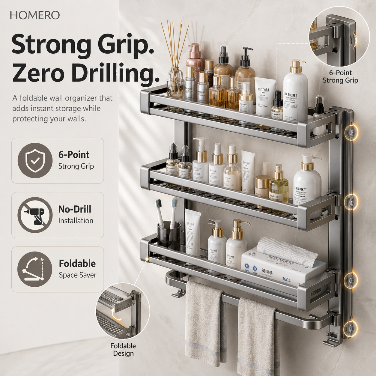Multi-Purpose Wall Mounted Bathroom Organizer Rack with 6 Point Strong Grip
