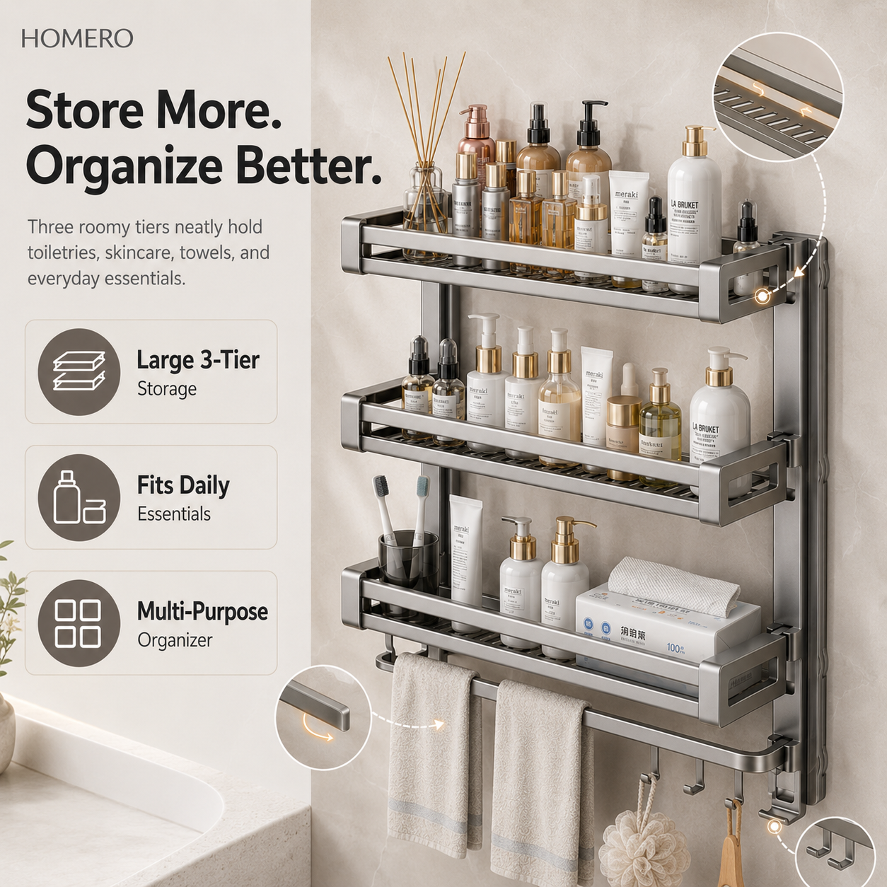 Multi-Purpose Wall Mounted Bathroom Organizer Rack with 6 Point Strong Grip