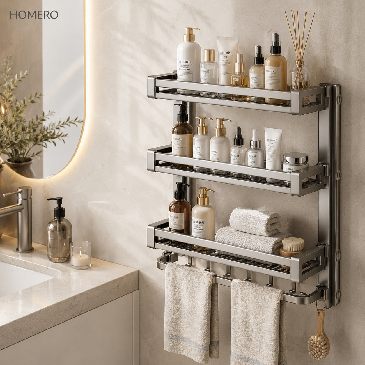 Multi-Purpose Wall Mounted Bathroom Organizer Rack with 6 Point Strong Grip