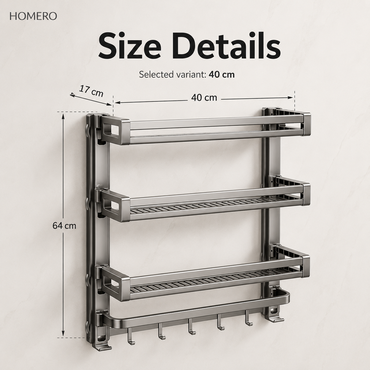 Multi-Purpose Wall Mounted Bathroom Organizer Rack with 6 Point Strong Grip