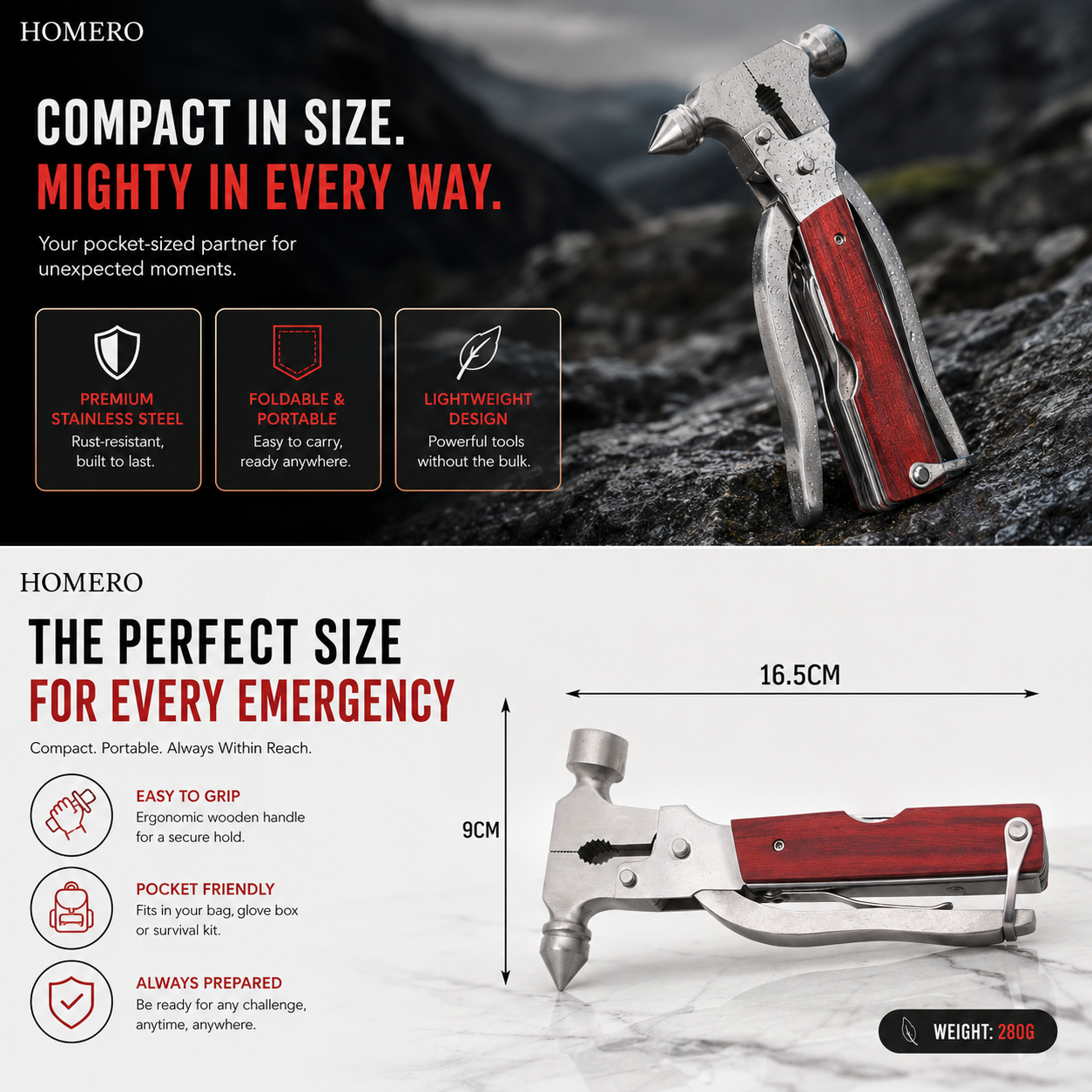 16 in 1 Multi Function Survival Hammer with Multiple Emergency Rescue Tools