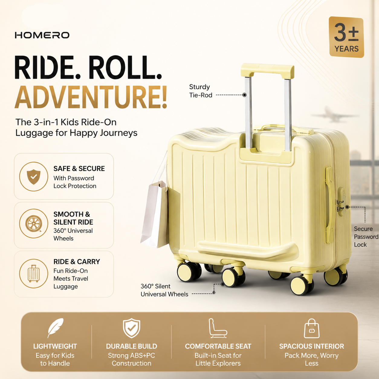 Fun Travel Kids Ride On Travel Suitcase with Silent Wheels Password Lock