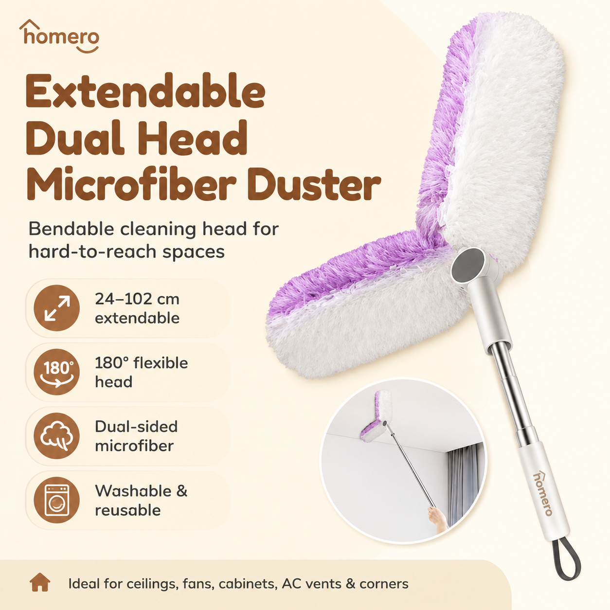 Extendable Dual Head Microfiber Duster with Bendable Cleaning Head