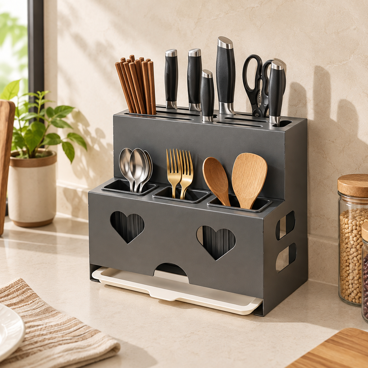 Wall Mounted Kitchen Knife Holder and Chopstick Organizer