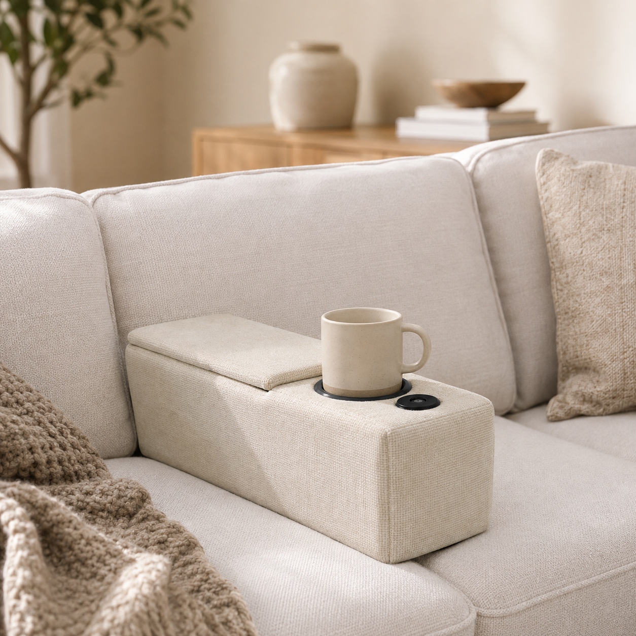 Multifunctional Sofa Armrest Couch Caddy with Wireless Charging LED Light